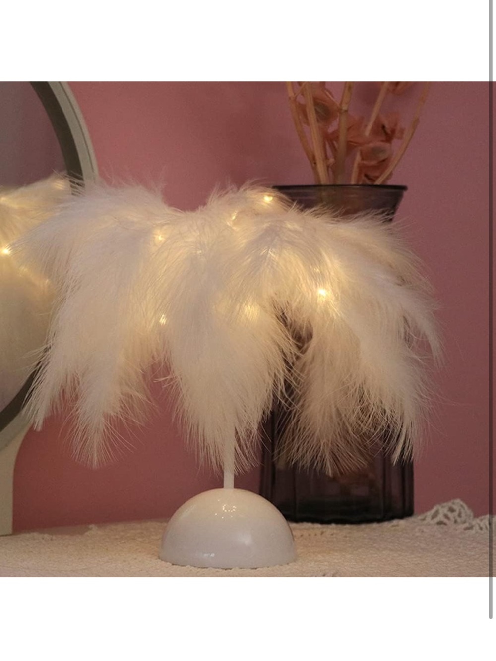 Plush White Feather Table Lamp with Warm LED Lights